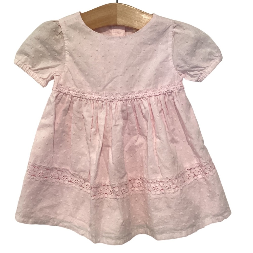 Baby B'gosh Pink Swiss Dot Lace Trim Dress 6M Short Sleeve Cotton